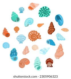 set with shells in the style of a doodle. Hand-drawn illustration. Round composition