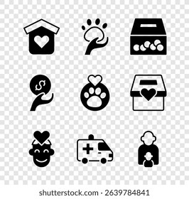 Set Shelter for homeless, Animal volunteer, Donation and charity, Volunteer, Ambulance car, Taking care of children,  and Heart with animals footprint icon. Vector