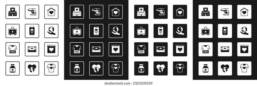 Set Shelter for homeless, Donation and charity, First aid kit, Volunteer center, Hand holding Earth globe, Rescue helicopter, Dating app online and Clothes donation icon. Vector