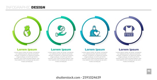 Set Shelter for homeless, Donation hand with money, Volunteer and Clothes donation. Business infographic template. Vector
