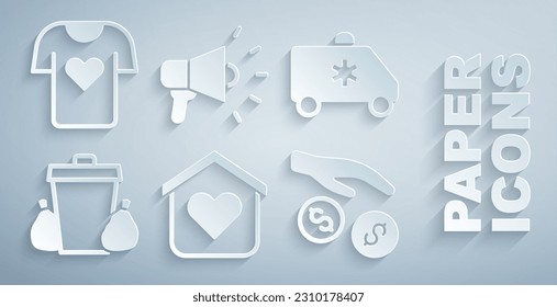 Set Shelter for homeless, Emergency car, Trash can, Donation and charity, Megaphone and Clothes donation icon. Vector