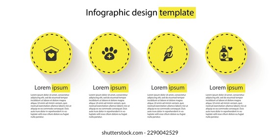 Set Shelter for homeless, Veterinary clinic, Donation water and Medicine bottle and pills. Business infographic template. Vector
