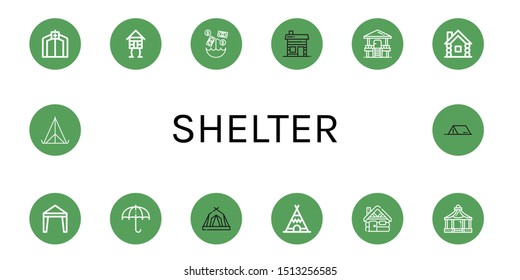 Set of shelter icons such as Tent, Wooden house, Umbrella, Hut, Canopy, Sun umbrella, Teepee, Cabin, Shelter , shelter