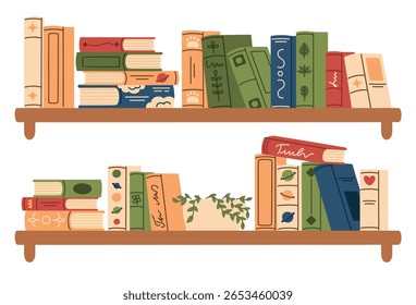 Conjunto de estantes con diferentes libros. Ilustración vectorial plana.