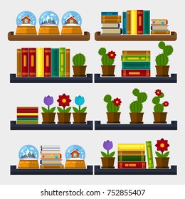 A set of shelves for the interior in the style of flat. Souvenirs, flowers, books and cacti. Elements of design.
