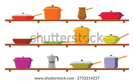 Set of shelves with kitchen utensils in cartoon style. Vector illustration of colored kitchen utensils for cooking food, drinks: frying pans, pots, coffee maker, Turk isolated on white background.

