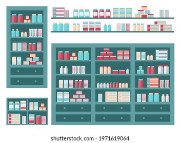 Set of shelves with medical pharmacology product. Collection with pharmacy store shelf, lotions, medicament and pill. Flat pharmacology care to buy.