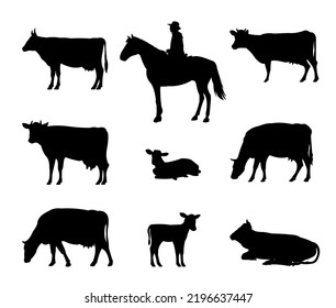 Conjunto de pastores pastorean vacas en pastos. Silueta de imagen. Mascotas de granja. Animales de leche y productos lácteos. Aislado sobre fondo blanco. Vector.