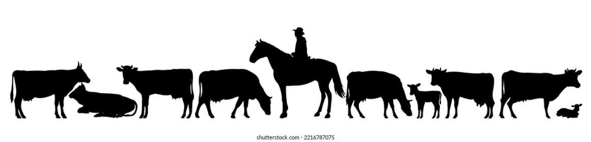 Set of shepherd grazes cows in pasture. Picture silhouette. Farm pets. Animals for milk and dairy products. Isolated on white background. Vector.