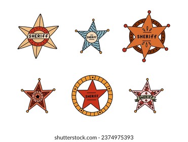 Set of sheriff badges in cartoon cute style with hand drawn outline. Golden symbol of western police, sign of law, security, justice. Wild West and cowboy sign with shields. Collection of star emblem.