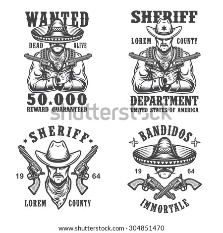 Set of sheriff and bandit emblems, labels, badges, logos and mascots. Monochrome style.