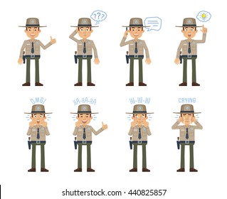 Set of sheriff characters posing in different situations. Cheerful sheriff talking on phone, thinking, crying, pointing up, surprised, laughing, showing thumb up gesture. Flat vector illustration