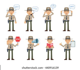 Set of sheriff characters posing in different situations. Cheerful sheriff talking on phone, surprised, thinking, angry, holding stop sign, loudspeaker, book. Flat style vector illustration