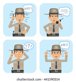 Set of sheriff characters posing in different situations. Cheerful sheriff talking on phone, thinking, surprised, angry. Emoticon, emoji. Flat style vector illustration