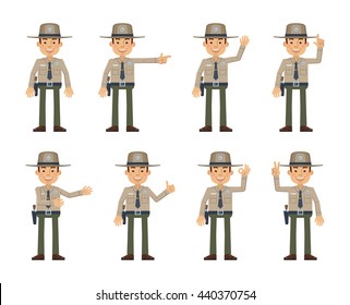 Set of sheriff characters showing different hand gestures. Cheerful police officer showing thumb up gesture, greeting, waving, this way, pointing, victory hand. Flat style vector illustration