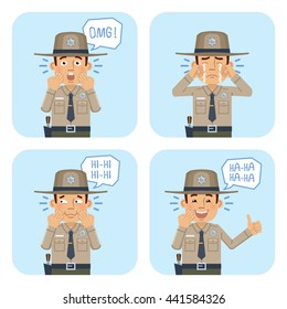 Set of sheriff characters showing different facial expressions. Cheerful sheriff laughing, surprised, crying, showing thumb up gesture. Emoticon, emoji. Flat style vector illustration