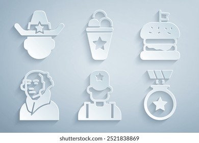 Defina Sheriff cowboy, Burger, George Washington, Medalha com estrela, cone de waffle de sorvete e ícone. Vetor