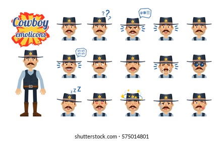 Set of sheriff emoticons. Old cowboy emojis showing different facial expressions. Happy, sad, smile, laugh, surprised, serious, angry, sleepy, dizzy and other emotions. Simple vector illustration