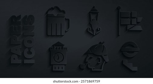 Set Sherlock Holmes, England flag on flagpole, Big Ben tower, London underground, Vintage street light and Wooden beer mug icon. Vector