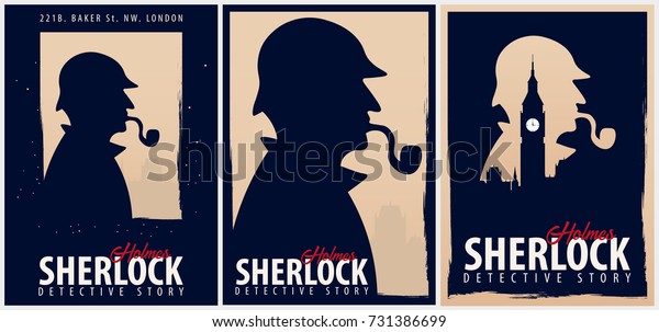 シャーロック ホームズのポスターのセット 探偵イラスト シャーロック ホームズとのイラトスベーカー街221b ロンドン 大きな禁止 のベクター画像素材 ロイヤリティフリー