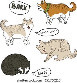 Set of shiba inu illustration with some dog noises in the bubbles.