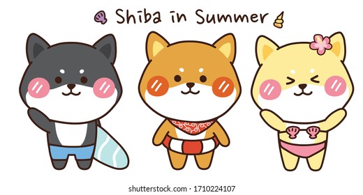 Set of shiba inu in summer hand drawn.Cute cartoon character design.Animal doodle collection.Japanese dog.Kawaii.Image for card,poster,children wearing.Mascot.Vector.Illustration.