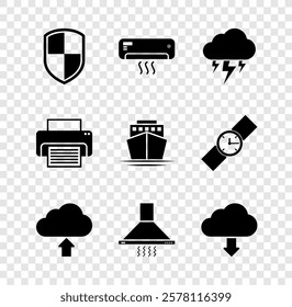 Set Shield, Air conditioner, Storm, Cloud upload, Kitchen extractor fan and download icon. Vector