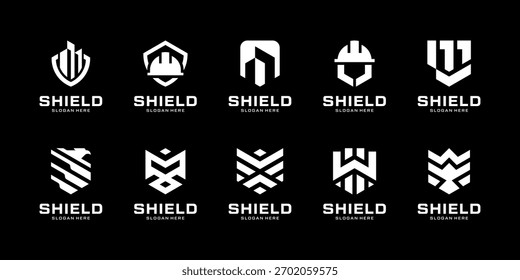 Set of shield armor strong for building construction logo design inspiration. Geometric abstract logo icon vector isolated on black background.