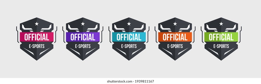 Set Of Shield Badge For Esport Logo. Editable Text Or Team Name In Blank Ribbon Space. Gaming Logo Template. Vector Illustration.