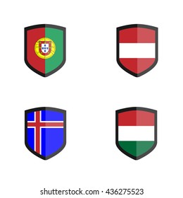 Set of Shield badge with Nation Flag, Austria, Hungary,Iceland, Portugal