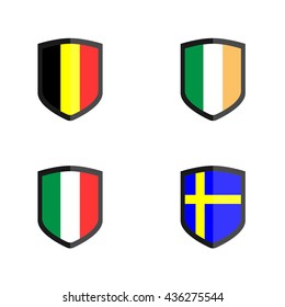 Set of Shield Badge with Nation Flag, Belgium, Ireland,Italy,Sweden