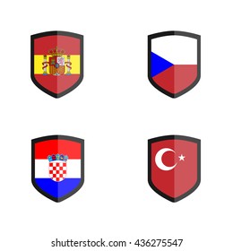 Set of Shield badge with Nation Flag, Czech, Croatia, Turkey, Spain