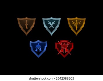 set of shield badge rank medal in bronze, silver, gold, mythic with dagger and sparta helmet symbol