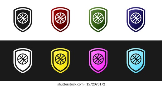 Set Shield in the basketball ball inside icon isolated on black and white background.  Vector Illustration