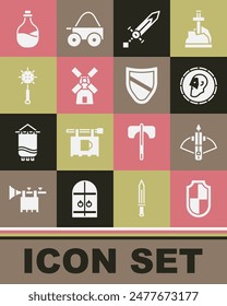 Set Shield, Battle crossbow with arrow, Ancient coin, Medieval sword, Windmill, chained mace ball, Old bottle of wine and  icon. Vector
