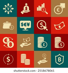 Set Shield com bitcoin, moeda dólar, Pilhas de papel em dinheiro, gráfico de torta e, Câmbios, moedas de carteira, iene e ícone. Vetor