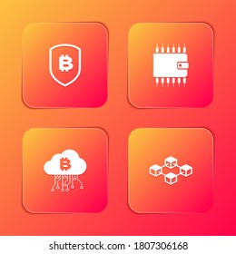 Set Shield with bitcoin, Cryptocurrency wallet, cloud mining and Blockchain technology icon. Vector.