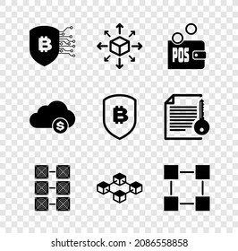 Set Shield with bitcoin, Distribution, Proof of stake, Mining farm, Blockchain technology and  icon. Vector