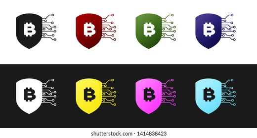 Set Shield with bitcoin icon isolated on black and white background. Cryptocurrency mining, blockchain technology, bitcoin, security, protect, digital money. Vector Illustration