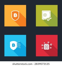 Set Shield with bitcoin, Proof of stake,  and ASIC Miner icon. Vector