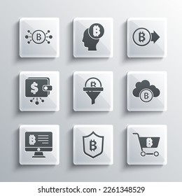Set Shield with bitcoin, Shopping cart, Cryptocurrency cloud mining, Sales funnel, Mining from monitor, wallet, Bitcoin circuit and  icon. Vector