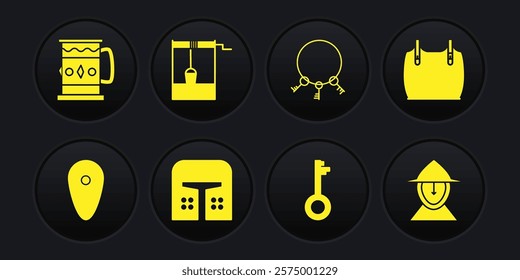 Set Shield, Body armor, Medieval iron helmet, Old key, keys, Well with bucket,  and Wooden mug icon. Vector