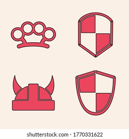 Set Shield, Brass knuckles, Shield and Viking in horned helmet icon. Vector