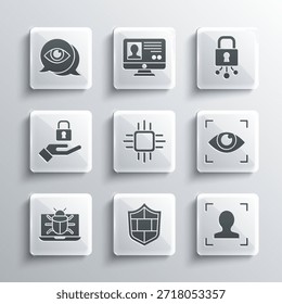 Set-Schild mit Ziegelwand, Gesichtserkennung, Augenscan, Prozessor-Mikroschaltungen CPU, System-Fehlermonitor, Schloss in der Hand und Cyber-Sicherheitssymbol. Vektorgrafik