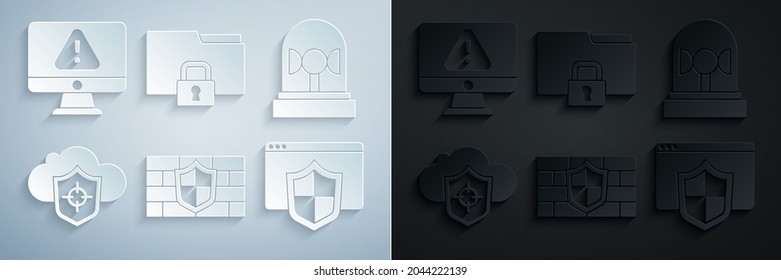Ajuste Escudo con pared de ladrillo, sirena de Flasher, nube y escudo, navegador, bloqueo de carpetas y icono de la marca de exclamación Monitor. Vector