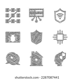 Set Shield with brick wall, House eye scan, Head shield, Processor microcircuits CPU, Eye, System bug, WiFi wireless and Graphic password protection icon. Vector