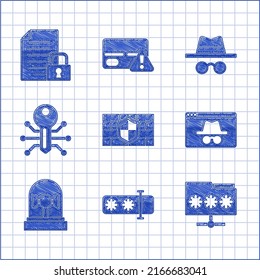 Set Shield with brick wall, Password protection, Folder password, Browser incognito window, Flasher siren, Smart key, Incognito mode and Document and lock icon. Vector