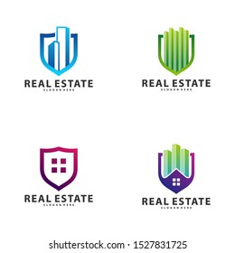 Set of Shield with Building Idea logo template, Modern City with Shield logo designs concept, Real Estate logo Vector Illustration