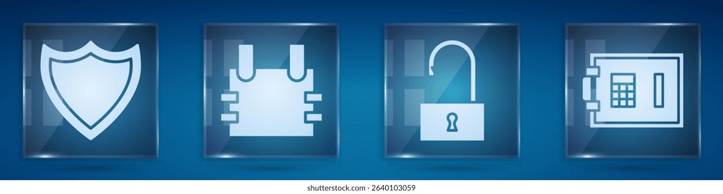 Set Shield, Bulletproof vest, # Open padlock and Safe. Square glass panels. Vector