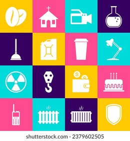 Set Shield, Cake with burning candles, Table lamp, Cinema camera, Canister for gasoline and Rubber plunger icon. Vector